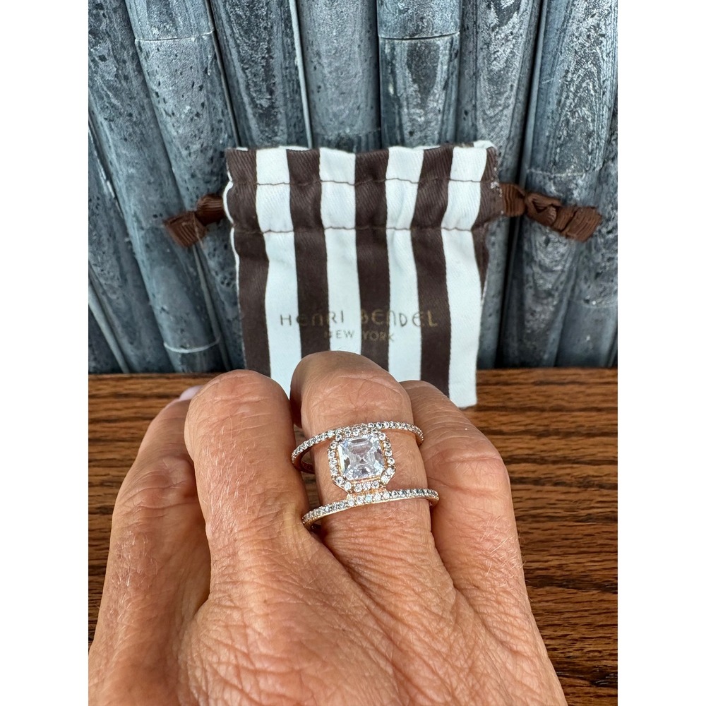 Henri Bendel Rose Gold Emerald Cut Crystal Pave Double Band Ring with Pouch
